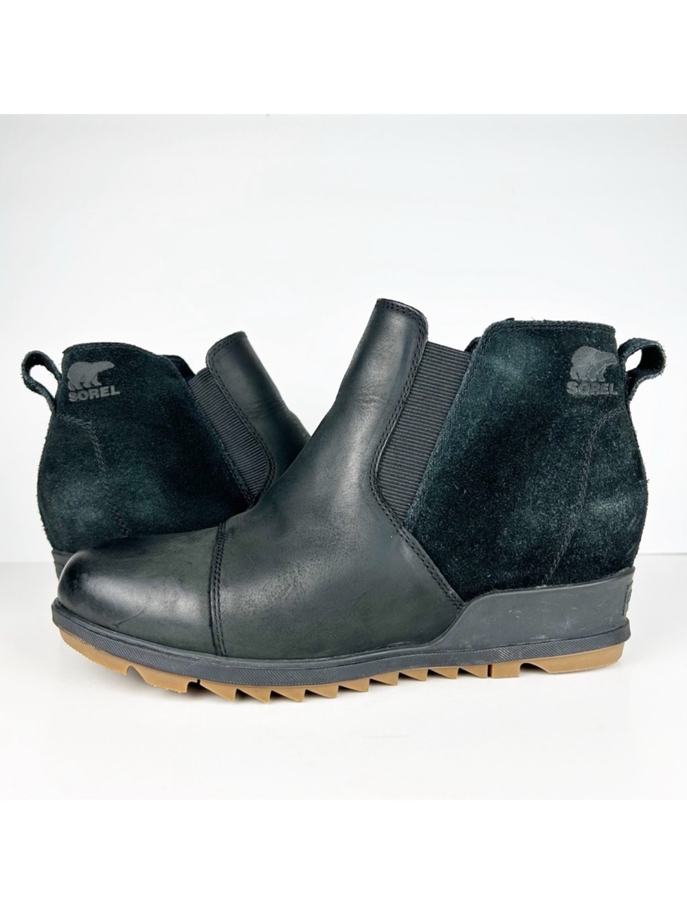 Sorel Evie II Black Leather Suede Waterproof Chelsea Wedge Slip On Ankle Boots